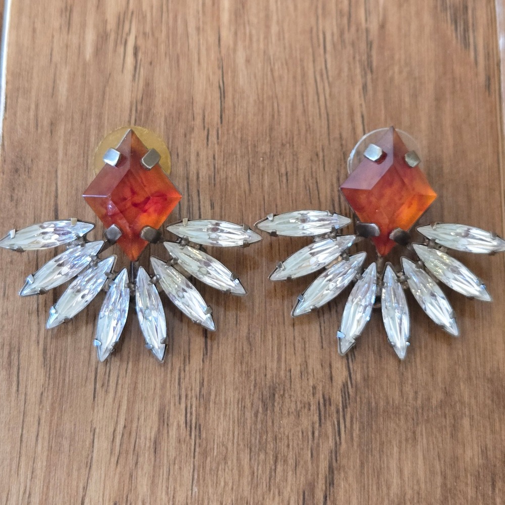 Dannijo Amber Resin and Crystal Fan Statement Earrings Silver Tone Post Back